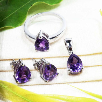 Amethyst Cut F - SFJ939-3 Pcs Ring Earrings Pendant Set Jewelry 925 Sterling Silv