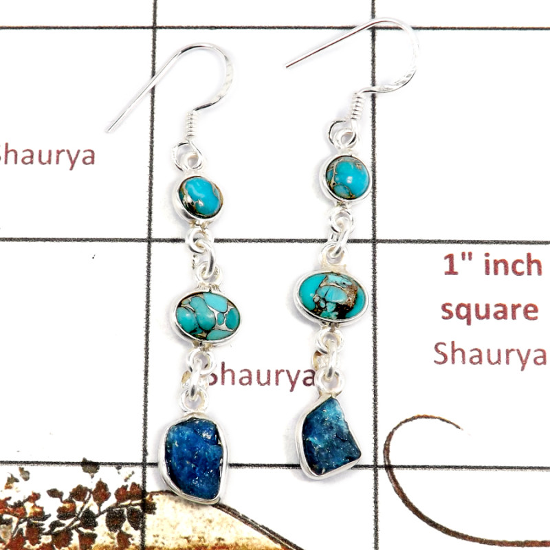 Blue Copper Turquoise & Apatite F - BZE721-Dazzling Look Three Stone Bezel Earrings 925 Sterling Sil