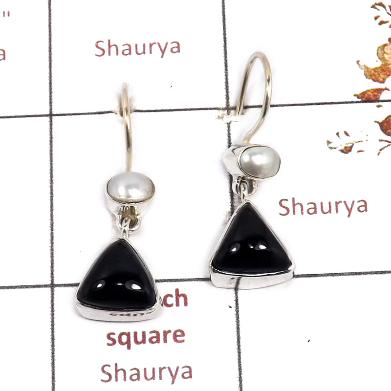Banded Onyx & Pearl Cab I - SPE881-Amazing Design 925 Sterling Silver Earrings Cut & Cab Gem