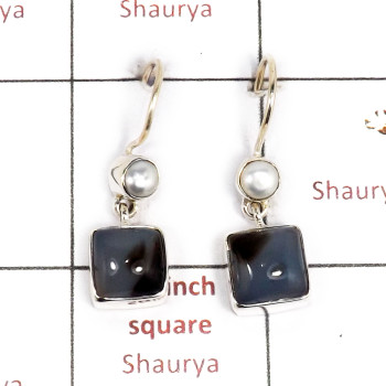 Banded Onyx & Pearl Cab K - SPE881-Amazing Design 925 Sterling Silver Earrings Cut & Cab Gem