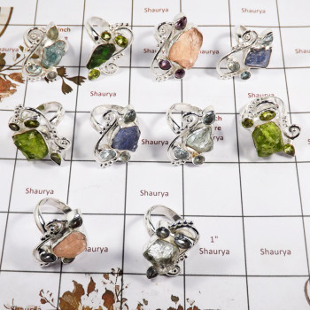 10 Pcs Mix Rough Stone B - SAJ997-Amazing 10 Pcs Mix Rough Stone Ring 925 Sterling Silver Handmade Lots Collection India