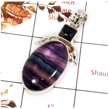 Fluorite & Black Rutile Cab A - SSP836-Party Look Handmade Designer Heavy Pendant 925 Sterling Silver Cab Gemstone Collection