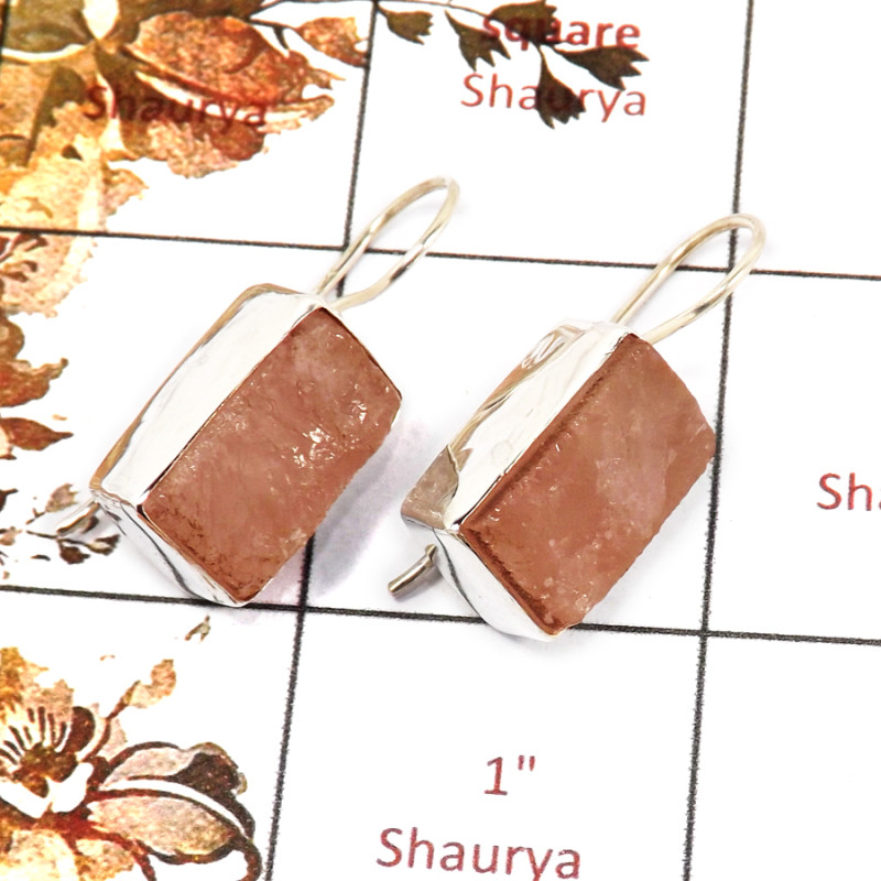 Rose Quartz Rough A - SPE827-925 Silver Plain Setting Rose Quartz Rough Stone Earrings Handmade Collection India