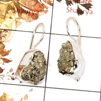 Pyrite Rough A - SPE819-Pretty Look Rough Stone Earrings 925 Sterling Silver Plain Setting Handmade Collection