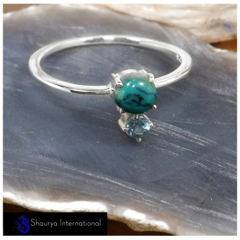 Tibet Turquoise Cab & Blue Topaz Cut F - SFJ908-Superb Light Weight Cab & Cut Two Stone Midi Ring 925 Sterling Silver