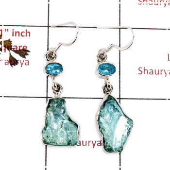 Aquamarine Rough & Blue Topaz Cut C - SPE812-Solid 925 Silver Plain Setting Rough Gemstone Earrings Handmade Design