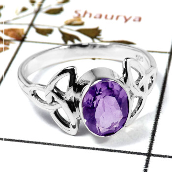 Amethyst Cut E - SDR586-Handmade Design Cut Gemstone Celtic Trinity Ring 925 Sterling Silver