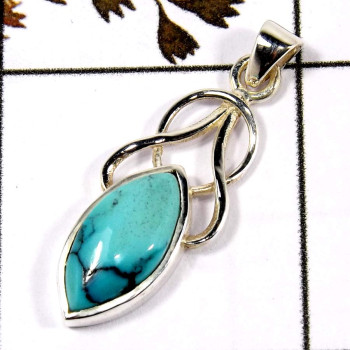 Blue Turquoise Cab B - SD566-Part Wear Cut Gemstone Designer Pendant 925 Sterling Silver