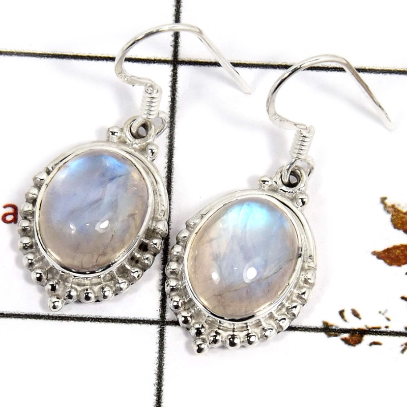 Rainbow Moonstone Cab F - SDE687-Indian Company Made Cab Gemstone Earrings 925 Sterling Silver