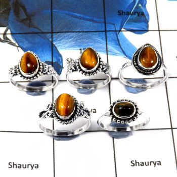 5 Pcs Tiger Eye Cab L - SVP810-Latest Collection Cab Gemstone Rings Solid 925 Sterling Silver