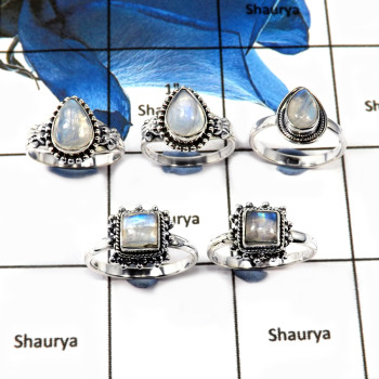 5 Pcs Rainbow Moonstone Cab C - SVP809-Newly Handmade 5 Pcs Wholesale Lots 925 Silver Rings With Cab Gemstone
