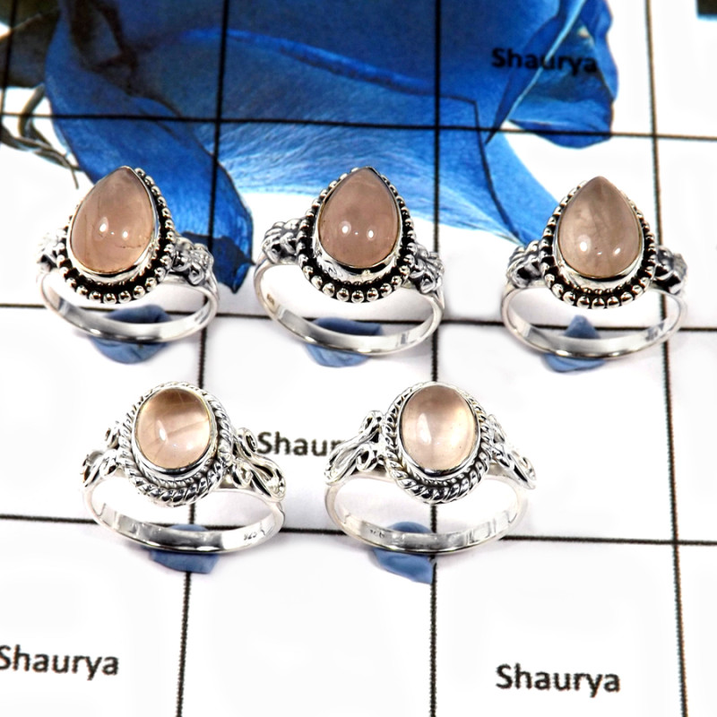 5 Pcs Rose Quartz Cab D - SVP809-Newly Handmade 5 Pcs Wholesale Lots 925 Silver Rings With Cab Gemstone