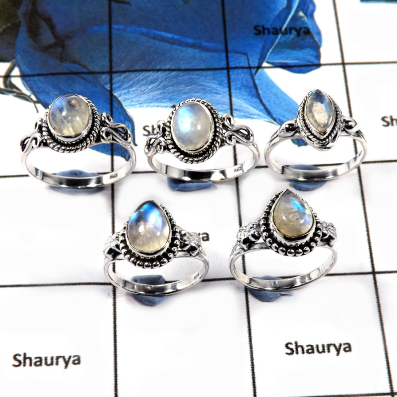 5 Pcs Rainbow Moonstone Cab E - SVP809-Newly Handmade 5 Pcs Wholesale Lots 925 Silver Rings With Cab Gemstone