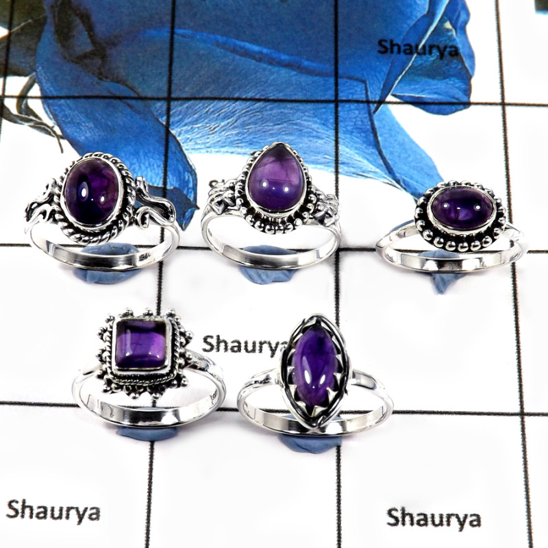 5 Pcs Amethyst Cab G - SVP809-Newly Handmade 5 Pcs Wholesale Lots 925 Silver Rings With Cab Gemstone