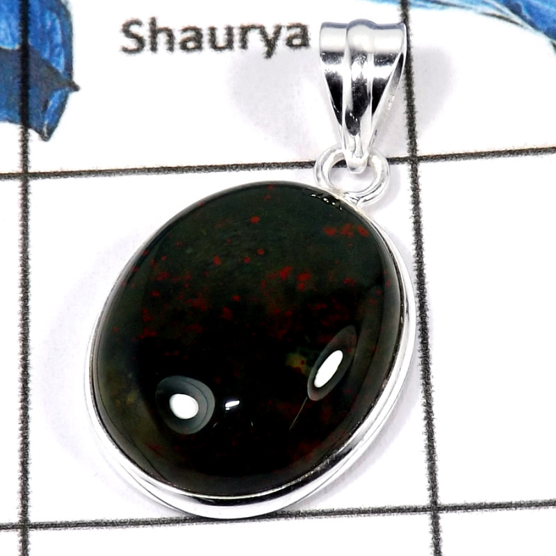 Bloodstone Cab B - BPS893-Natural Cabochon Bloodstone Bezel Pendant 925 Sterling Silver