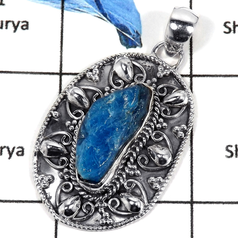 Apatite Rough O - CMJ784-Semiprecious Gemstone Solid 925 Sterling Silver Designer Pendant