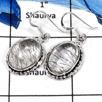 Black Rutile Cab O - SDE656-925 Sterling Silver Natural Black Rutile Dangle Pretty Women Earrings