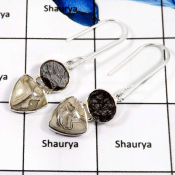 Crazy Lace Agate Cab & Black Rutle Cut C - SDE648-Natural Crazy Lace Agate & Black Rutle Gemstone Earrings 925 Sterling Silver