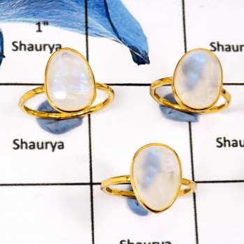 3 Pcs. Rainbow Moonstone A - BGR966-Blue Fire Rainbow Moonstone 3 Pcs. Gold Plated Bezel Rings 925 Sterling Silver
