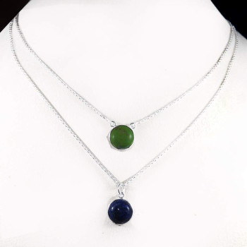 Green Turquoise & Lapis Lazuli O - BZN979-Glamorous Colorful Chain Bezel Necklace 925 Sterling Silver