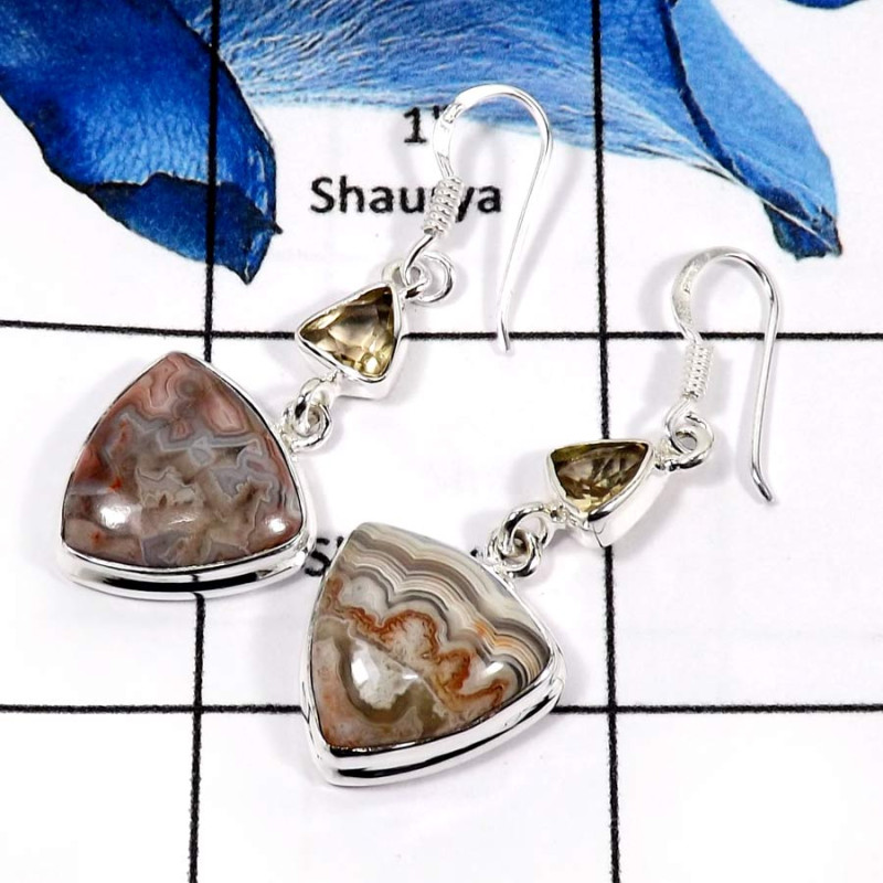 Crazy Lace Agate & Citrine A - SPE779-Gorgeous Two Stone Crazy Lace Agate & Citrine Cut Wholesale Earrings 925 Sterling Silver
