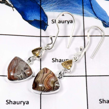 Crazy Lace Agate & Citrine D - SPE779-Gorgeous Two Stone Crazy Lace Agate & Citrine Cut Wholesale Earrings 925 Sterling Silver
