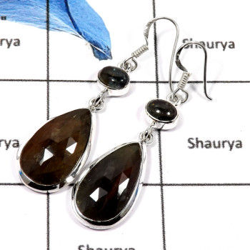 Multi Sapphire & Tourmaline Cab O - SPE766-Lovely Two Stone Multi Sapphire Checker Cut & Tourmaline Cab Palin Earrings 925 Sterl