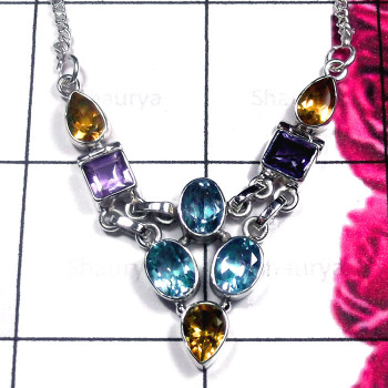 Multi Cut Gmestone B - SDN990-Semiprecious Gemstone Sterling Silver Elegant Necklace
