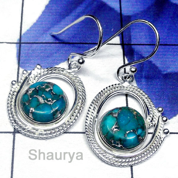 Blue copper Turquoise O - SBP976-Exclusive Silver Gorgeous Design Bejal Earring