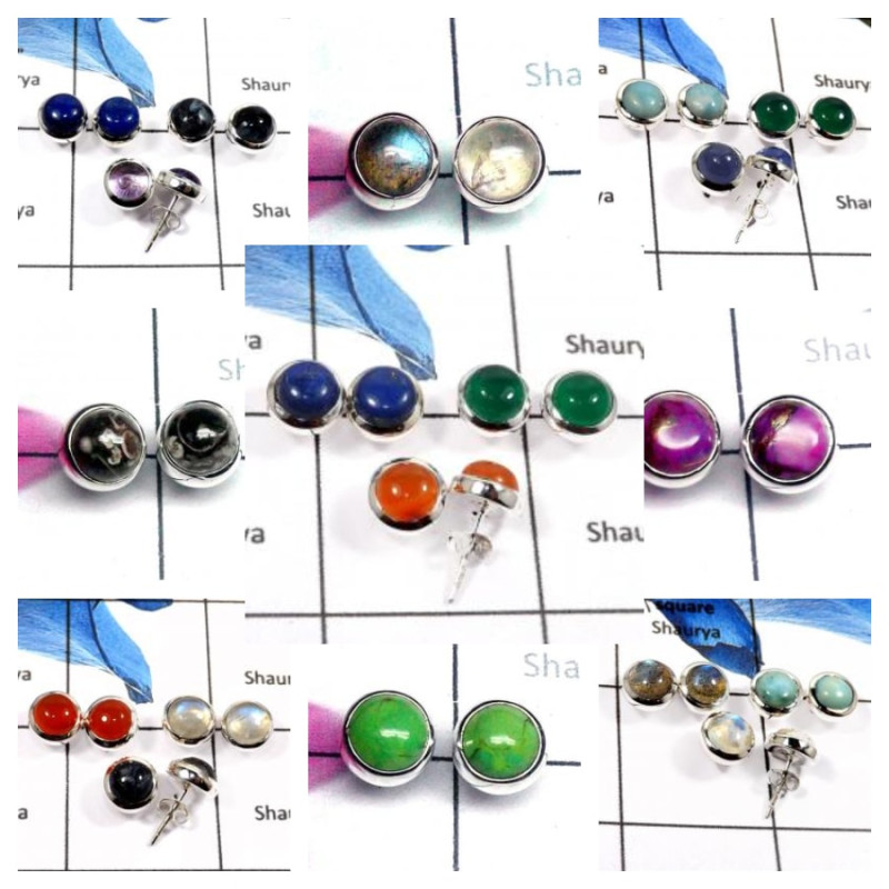 100 Pairs Studs Earrings STCAB100PS- Cab Gemstone Plain Setting 925 Silver